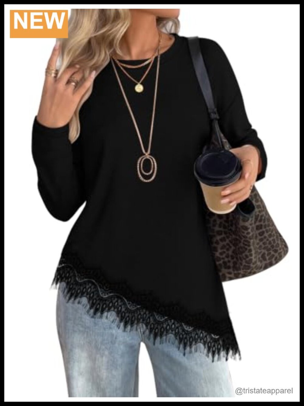WIHOLL Long Sleeve Crewneck Tunic Top Lace Hem Asymmetrical